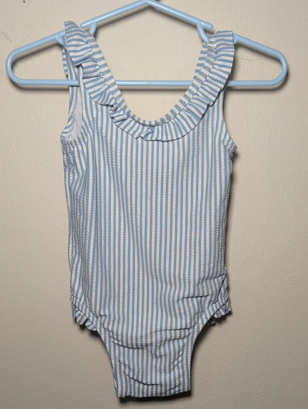 Old Navy One-Piece Baby Girl Swimsuit Blue + White Striped Ruffle Collar 18-24M